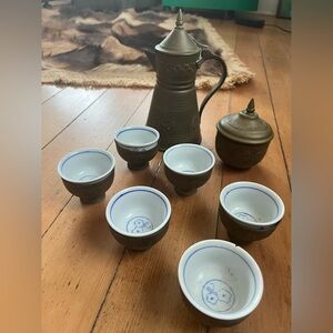 Vintage Brass Tea Set from Lebanon with Blue & White Porcelain Cups